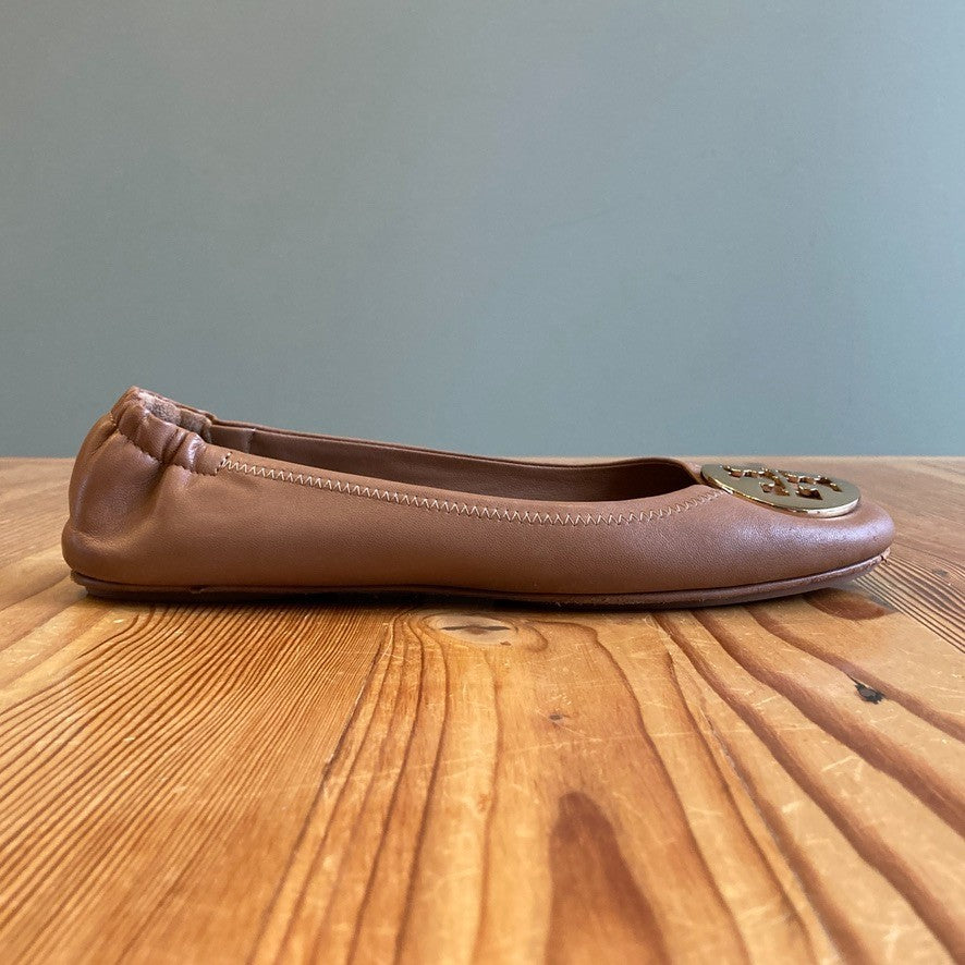 10 - Tory Burch Honey Brown Soft Leather Gold Emblem Reva Flats Shoes 0206BS