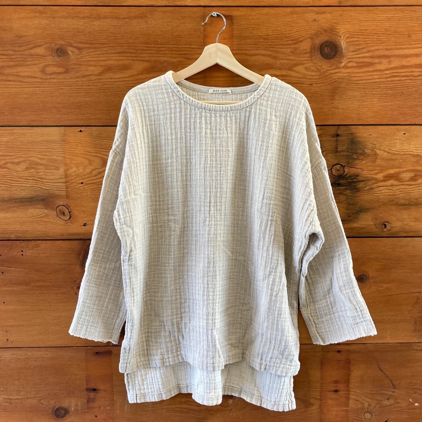 M - Black Crane Natural Textured Gauzy Thick Knit Shirt Pullover Top 0416JW