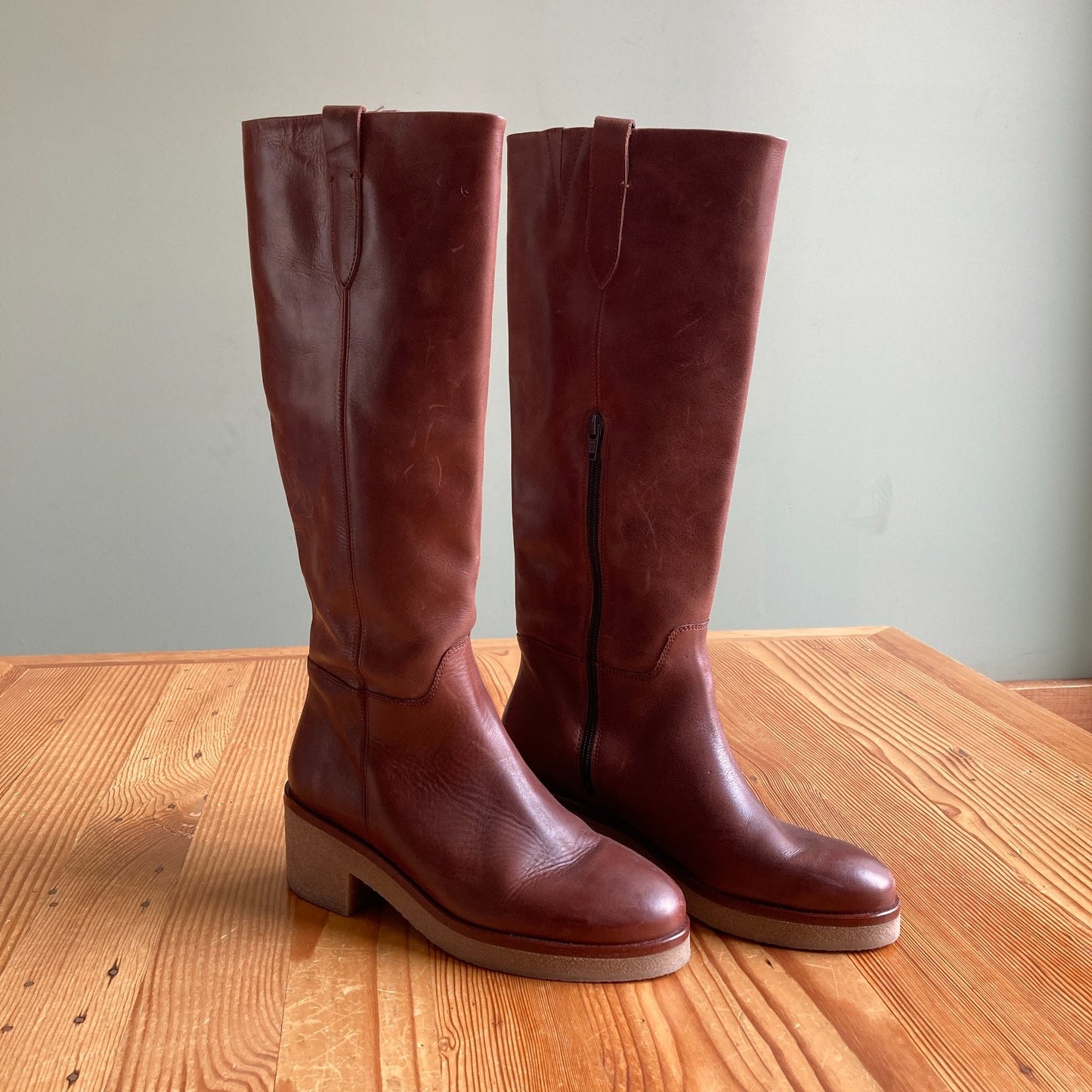Anthropologie Brown Leather Gum Heel Knee High Boots - Size 39 / 8.5-9 - 0618AS
