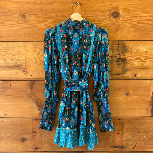 Farm Rio $260 Blue Floral High Neck Arabesque Mini Dress - Size XS - NEW - 0224D