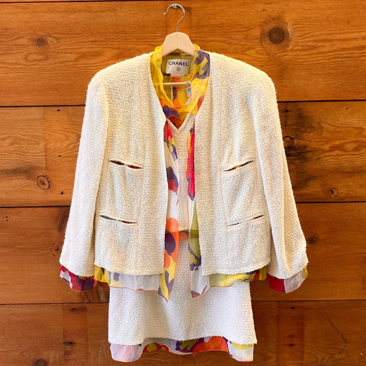 44/M - Vintage Chanel Ivory Tweed & Silk 3 Piece Skirt Suit Set *EUC 1227EL