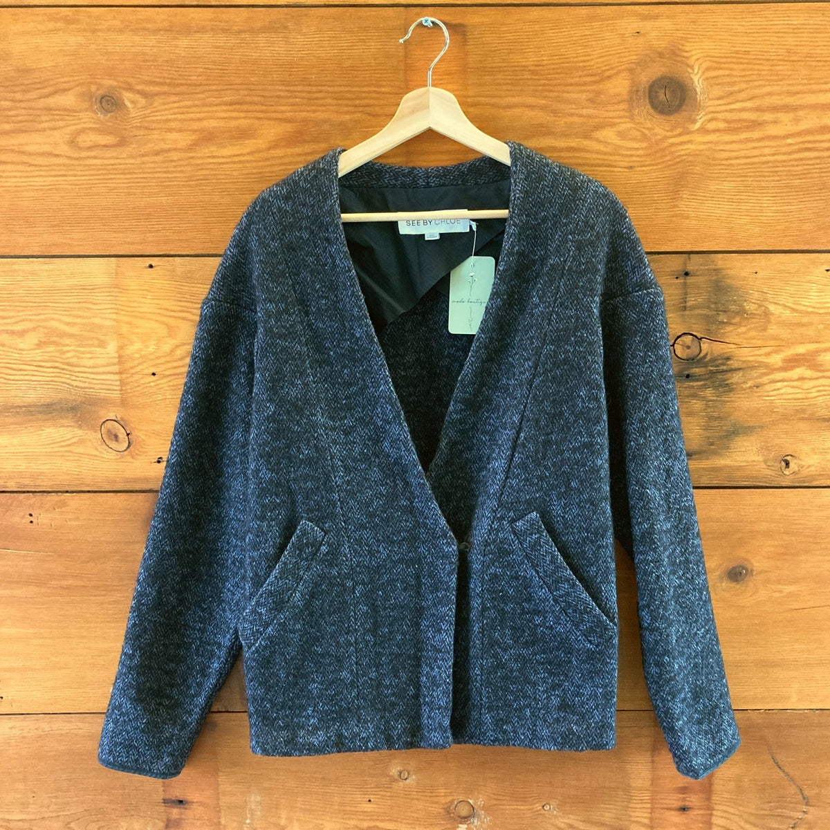 See by Chloe Navy Blue Herringbone Tweed Wool Open Front Blazer - Sz 4 - 0927EK