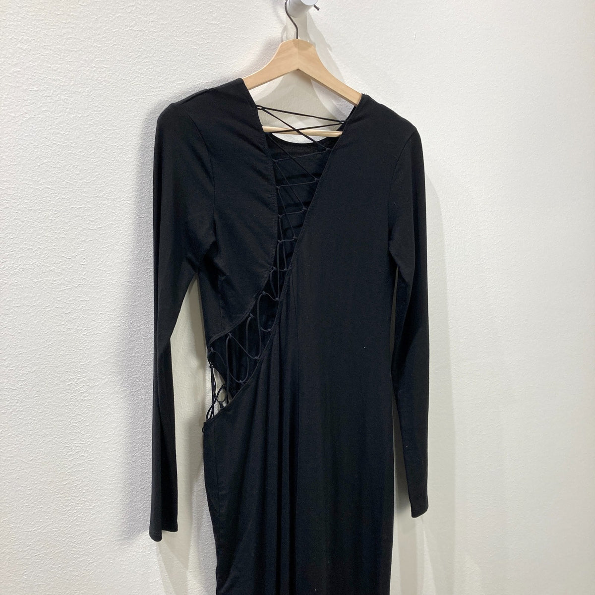 Reformation Black Long Sleeve Knit Corset Tie Cut Out Maxi Dress - Sz L - 0507AH