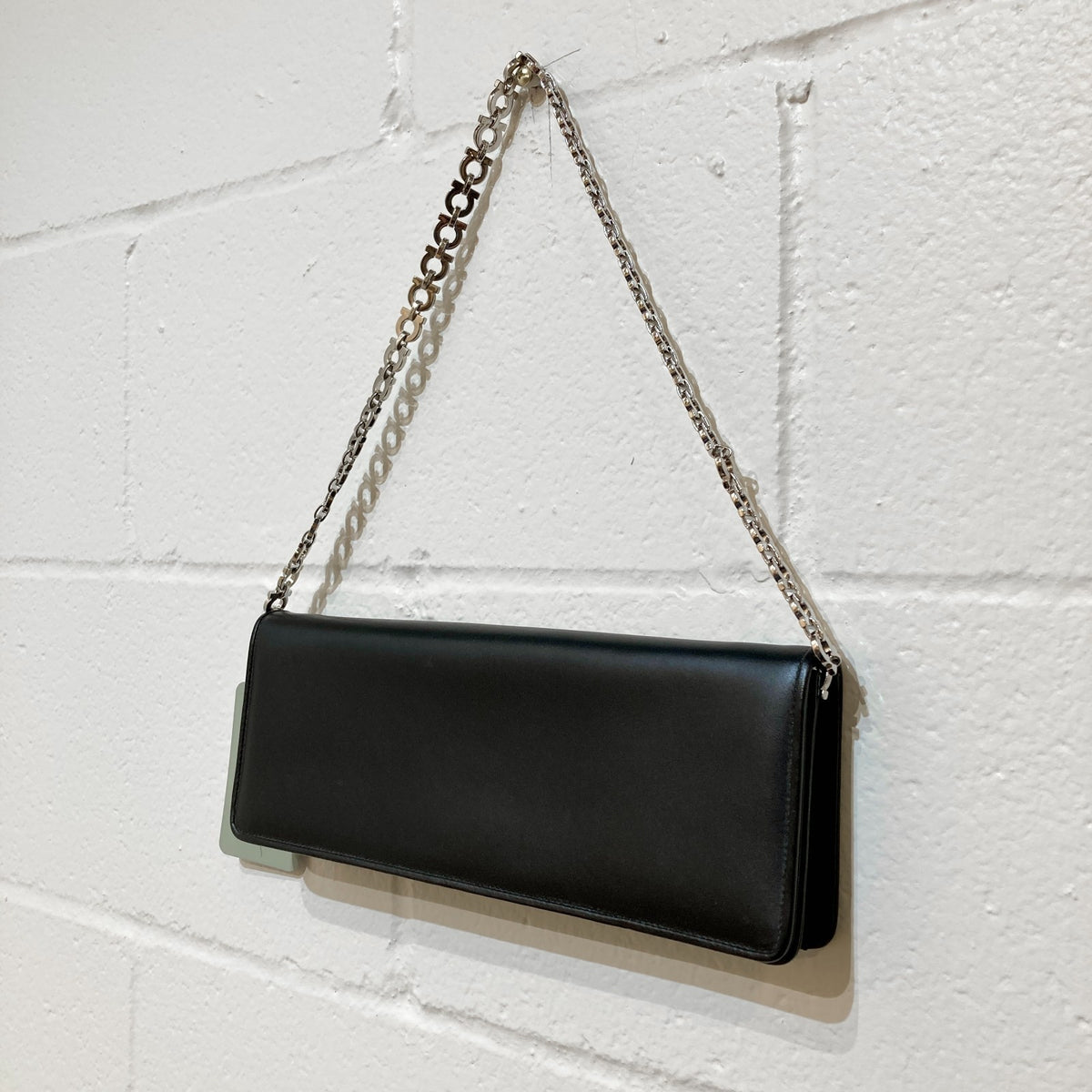 Salvatore Ferragamo Black Smooth Leather Chain Strap Clutch Purse - 0210AM