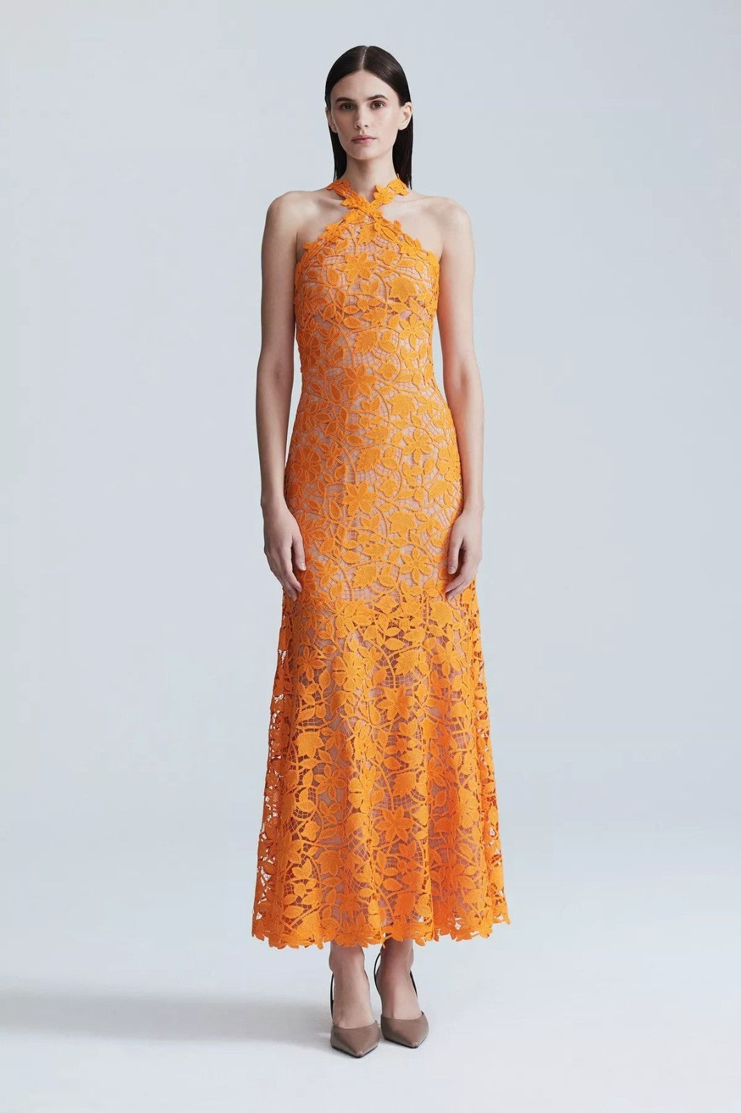 Lela Rose Tangerine Floral Guipure NEW Lace Halter Dress - Size 0 / XS - 0608BM