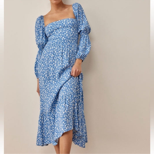 Reformation Blue Floral Print Mica Midi Long Sleeve Dress - Size S - 0313SH