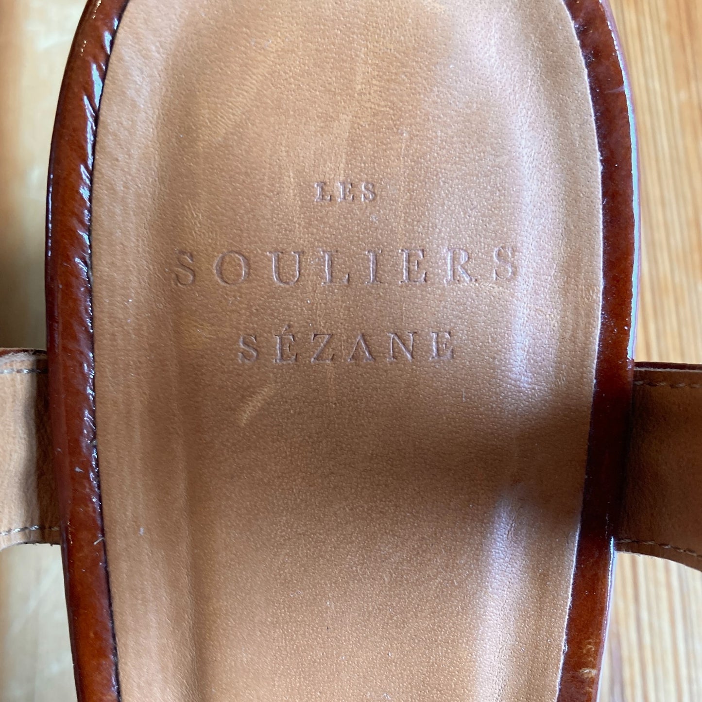 38 / 7.5 - Sezane Brown Patent Leather Square Toe Ankle Strap Heels 0415AU