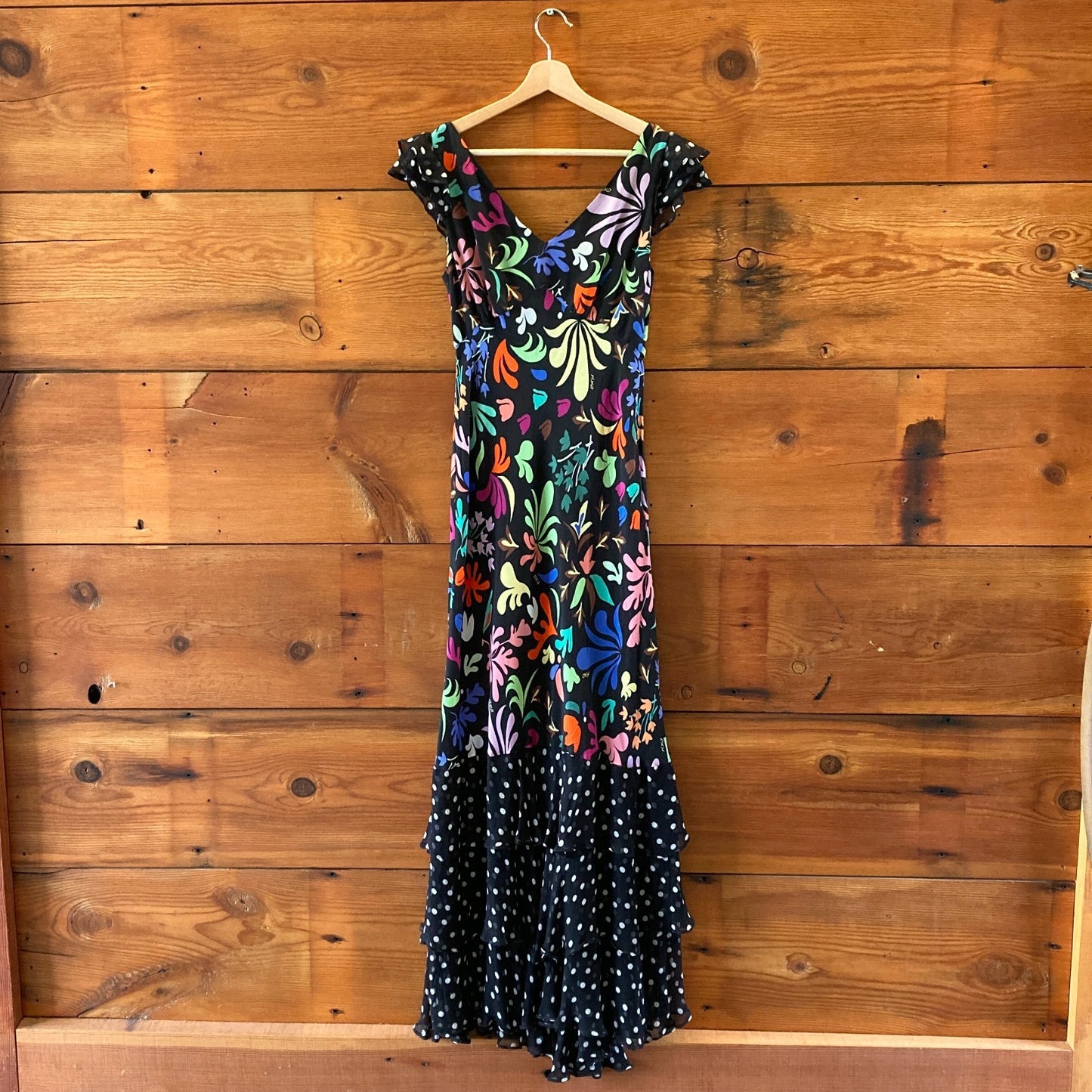 Rixo Black Floral Polka Dot  Print Silk Ossey Maxi Dress - Size S / 6 - 0121CE