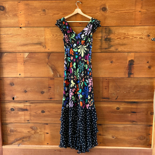 Rixo Black Floral Polka Dot  Print Silk Ossey Maxi Dress - Size S / 6 - 0121CE