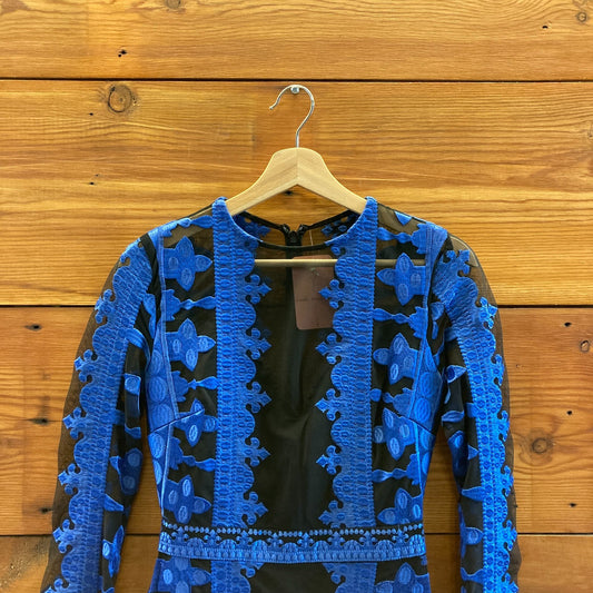 0 - Nicole Miller Blue & Black Embroidered Long Sleeve Holiday Dress 1125RS