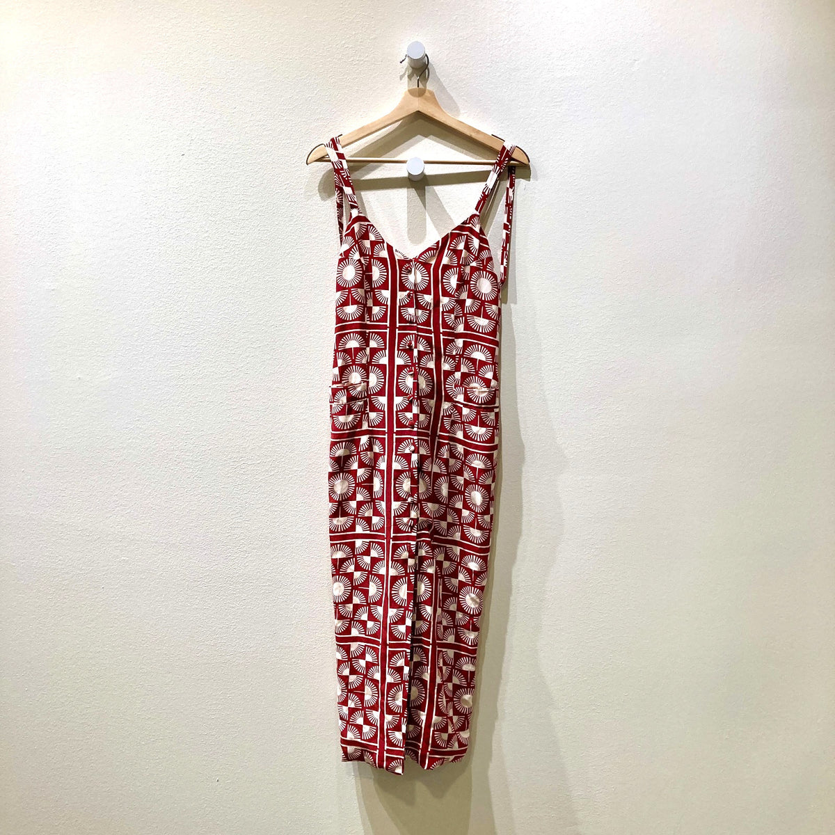 Stone Cold Fox Red White Scarf Print Silk Midi Dress - Size 1 / XS - 0312IG