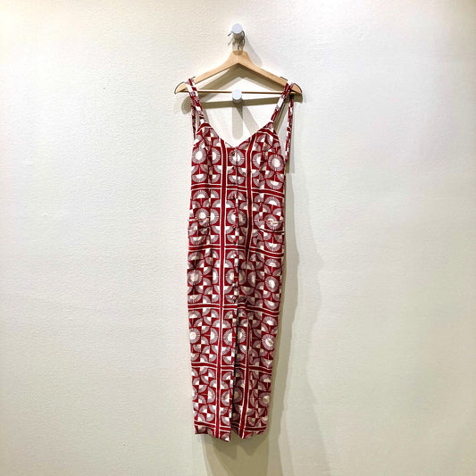 Stone Cold Fox Red White Scarf Print Silk Midi Dress - Size 1 / XS - 0312IG