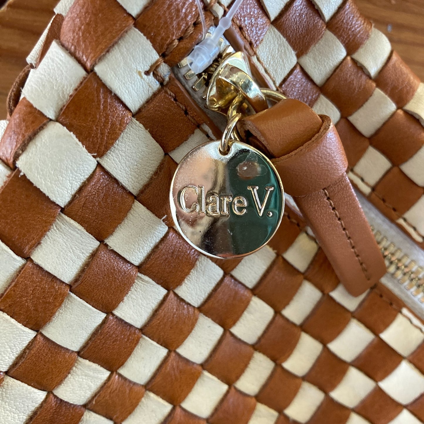 Clare V Brown & Ecru Woven Leather Checkered Grande Fanny Purse - 0120NE