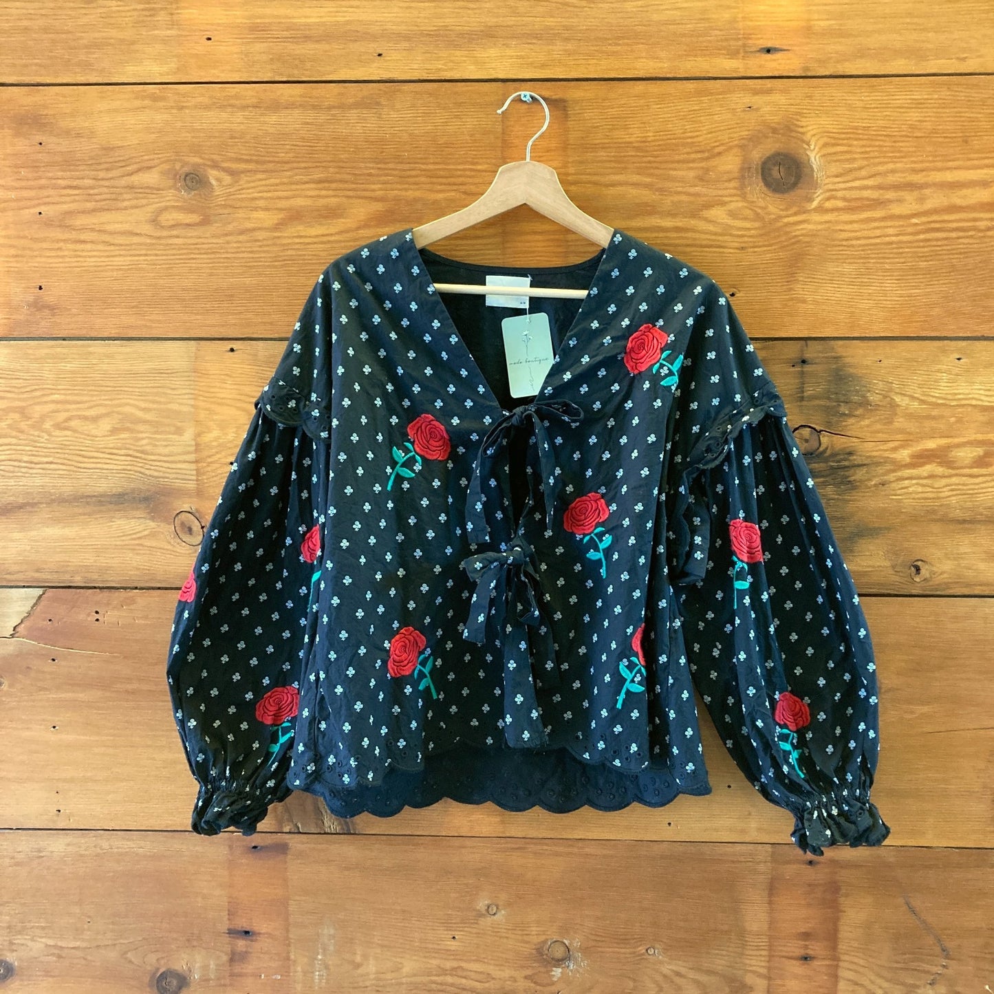 Sissel Edelbo Black Embroidered Rose Pattern Shirt Top - Size S - 0304HJ