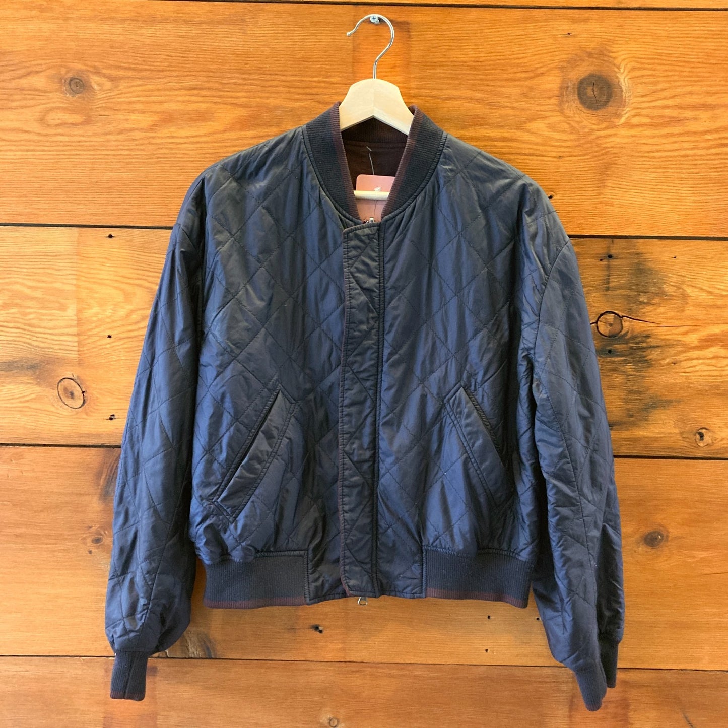 L - Vince Navy & Burgundy Quilted Reversible Zip Up Bomber Jacket 0123MP