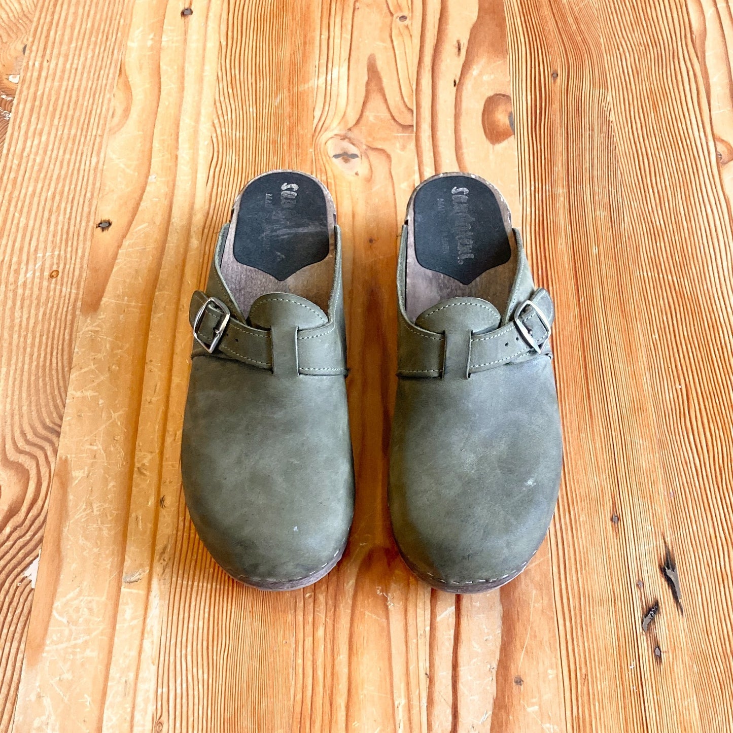 44 / 11.5 - Sandgrens Army Green Leather Open Heel Wooden Clogs Shoes 0603AG