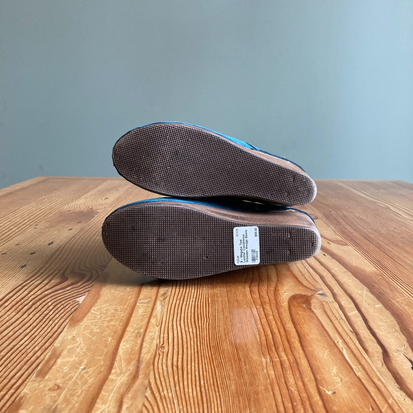 8 - Maguba Teal Leather Casablanca Wooden Wedge Boots Swedish Clogs 1120JM