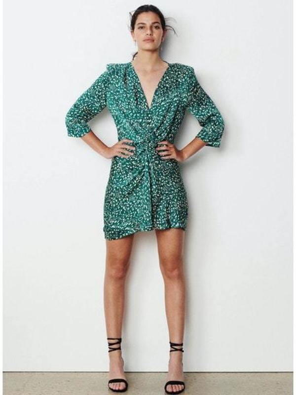 ba&sh Green White Printed Short Sleeve V-Neck Erika Mini Dress - Size M - 1114LH