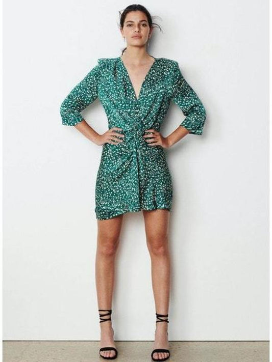 ba&sh Green White Printed Short Sleeve V-Neck Erika Mini Dress - Size M - 1114LH