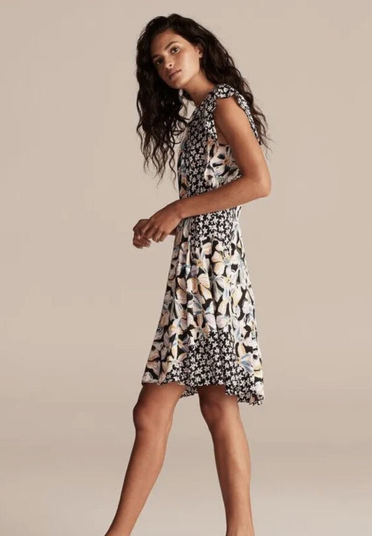 Rebecca Taylor $395 Black Floral Mix Short Sleeve Dress - Size 0 - NEW - 0521EW
