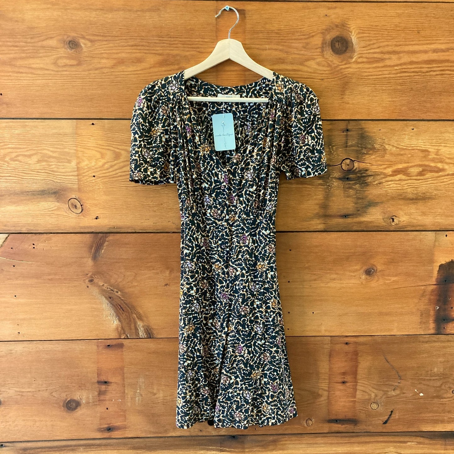 Sessun Black Brown Floy Joy Print Claudia Short Sleeve Dress - Size S - 0813CP