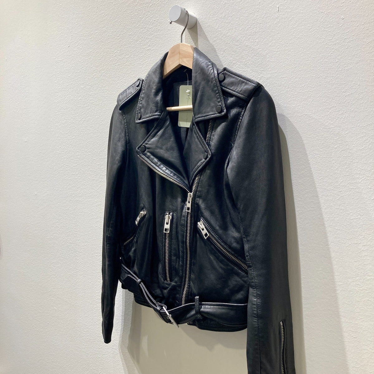 All Saints Black Leather Belted Balfern Moto Jacket - Size S - 1122KP