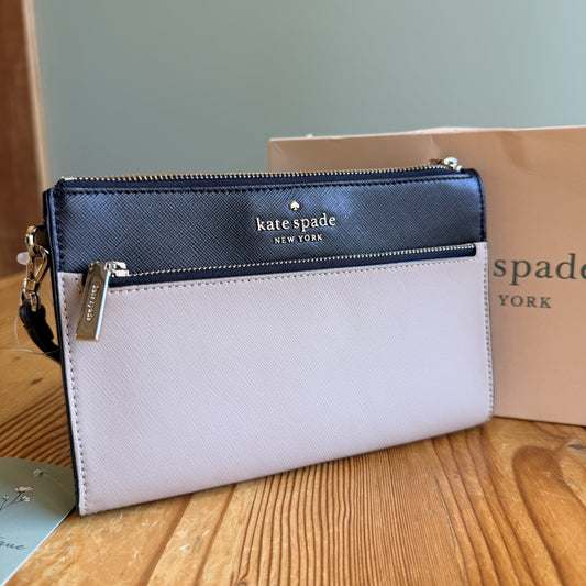 Kate Spade Black Tan Saffiano Leather Zip Top Wristlet Purse - NEW - 1107MJ