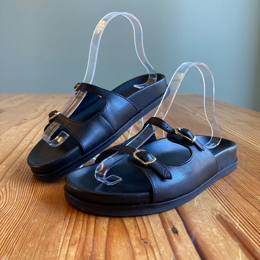 J Crew $198 Black Leather New Colbie Buckle Two Strap Sandals - Size 7 - 1122KP