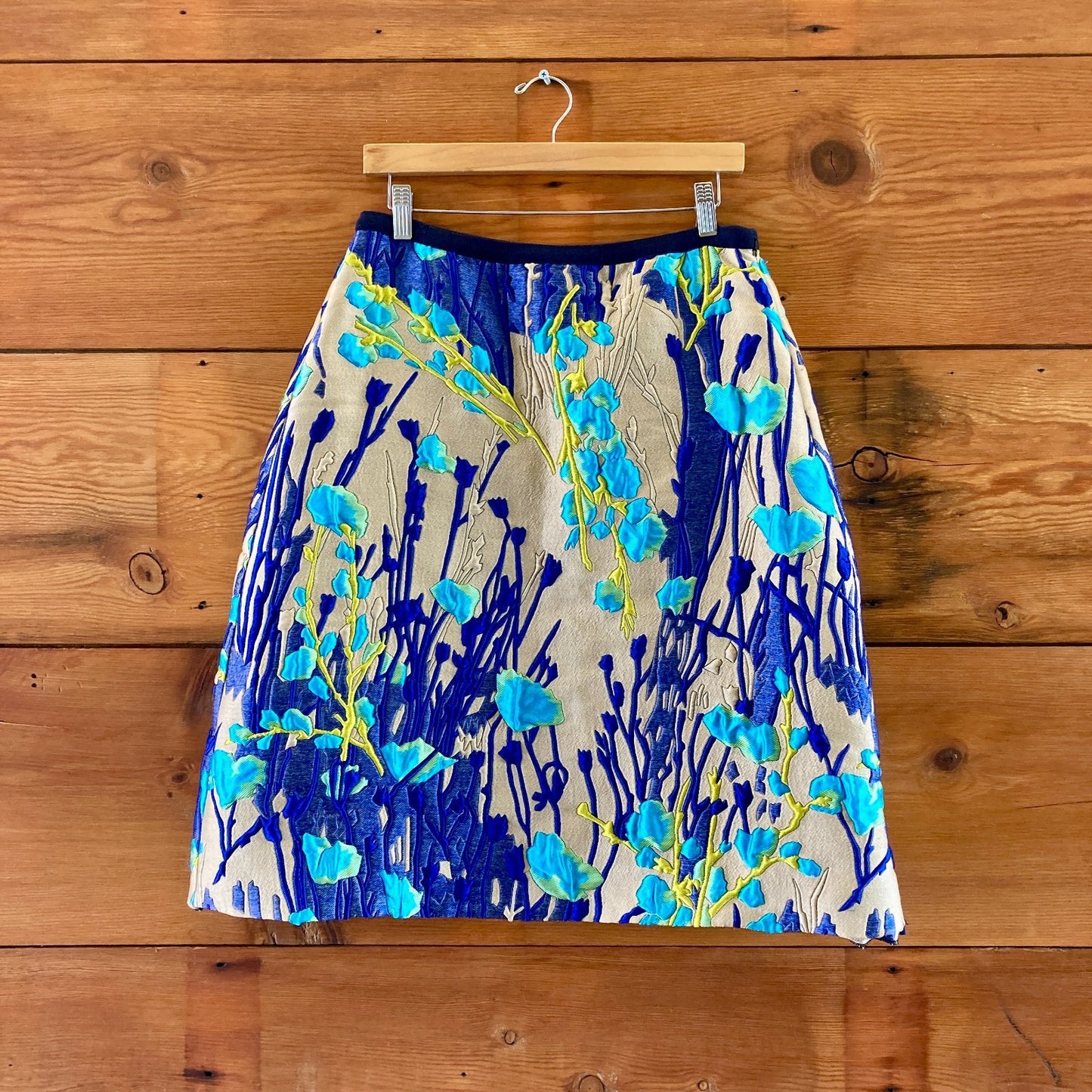 Odeeh Blue Beige Floral Jacquard Cloque Skirt - Size 42 / 10 US - 0721DK