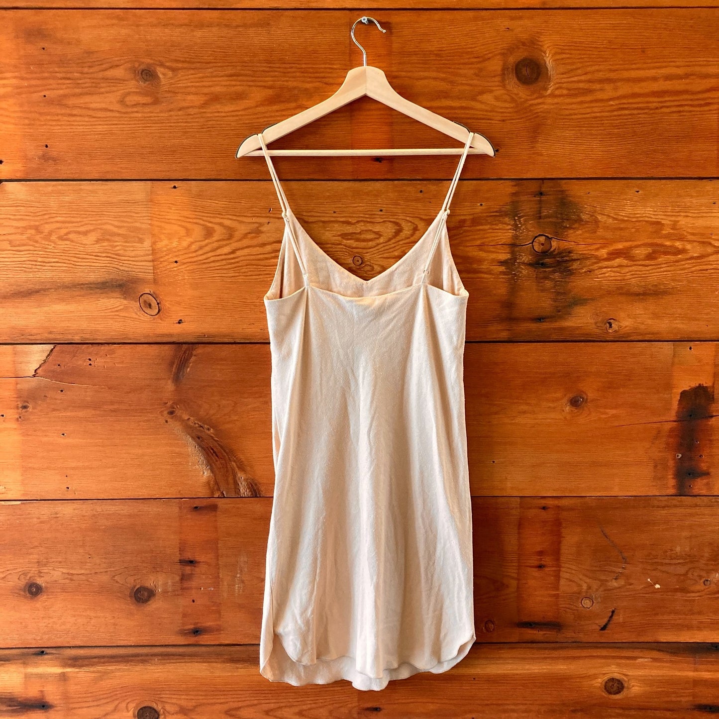 S - Ozma Beige 100% Raw Silk Sleeveless Adjustable Strap V Neck Dress 0312IG