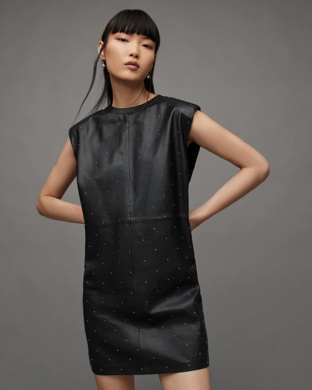 AllSaints NEW Black Studded Leather Mika Pinstud Dress - Size 0 / XS - 1029SB