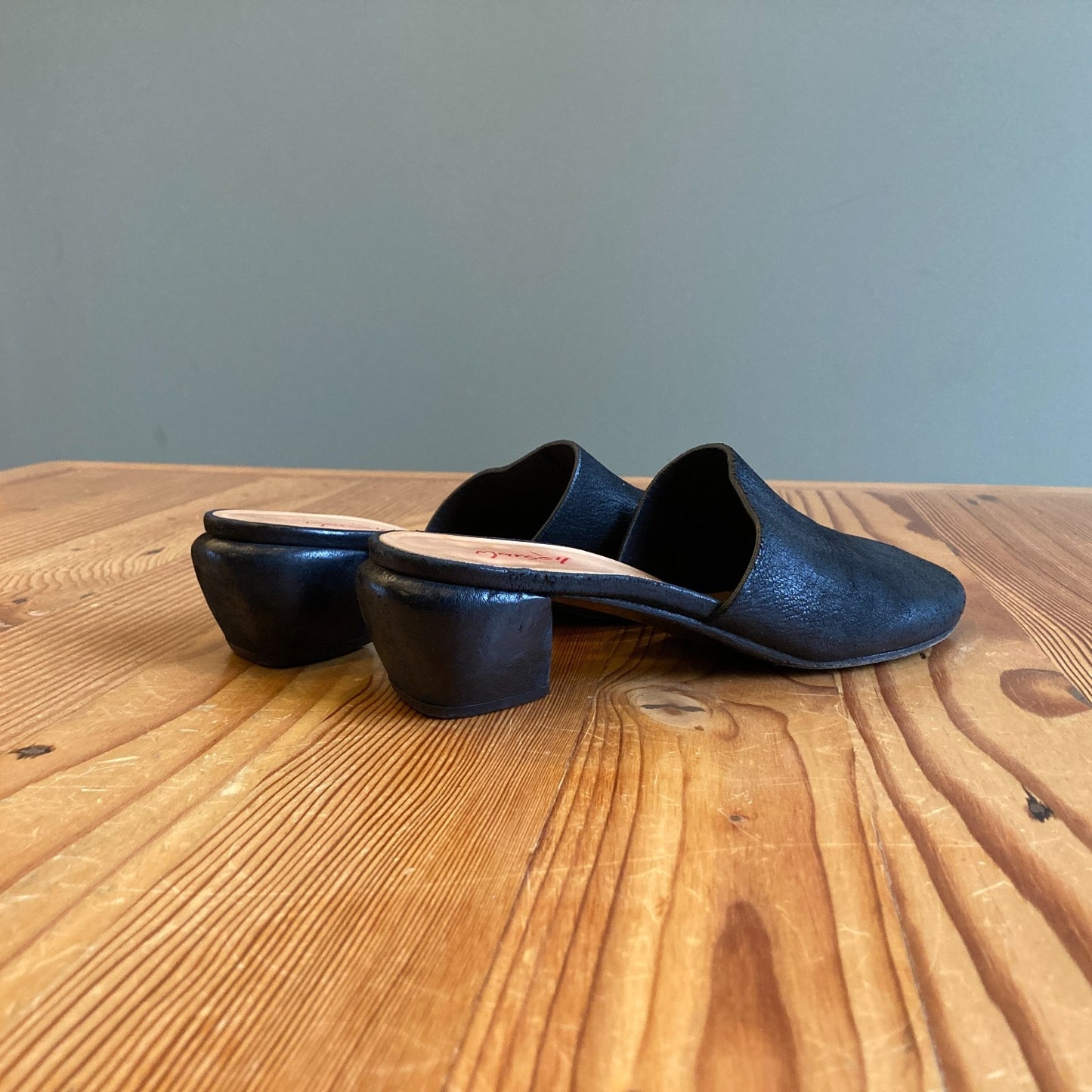 37 / 7 - Marsell Black Leather Rounded Block Heel Mules Shoes 1214CM