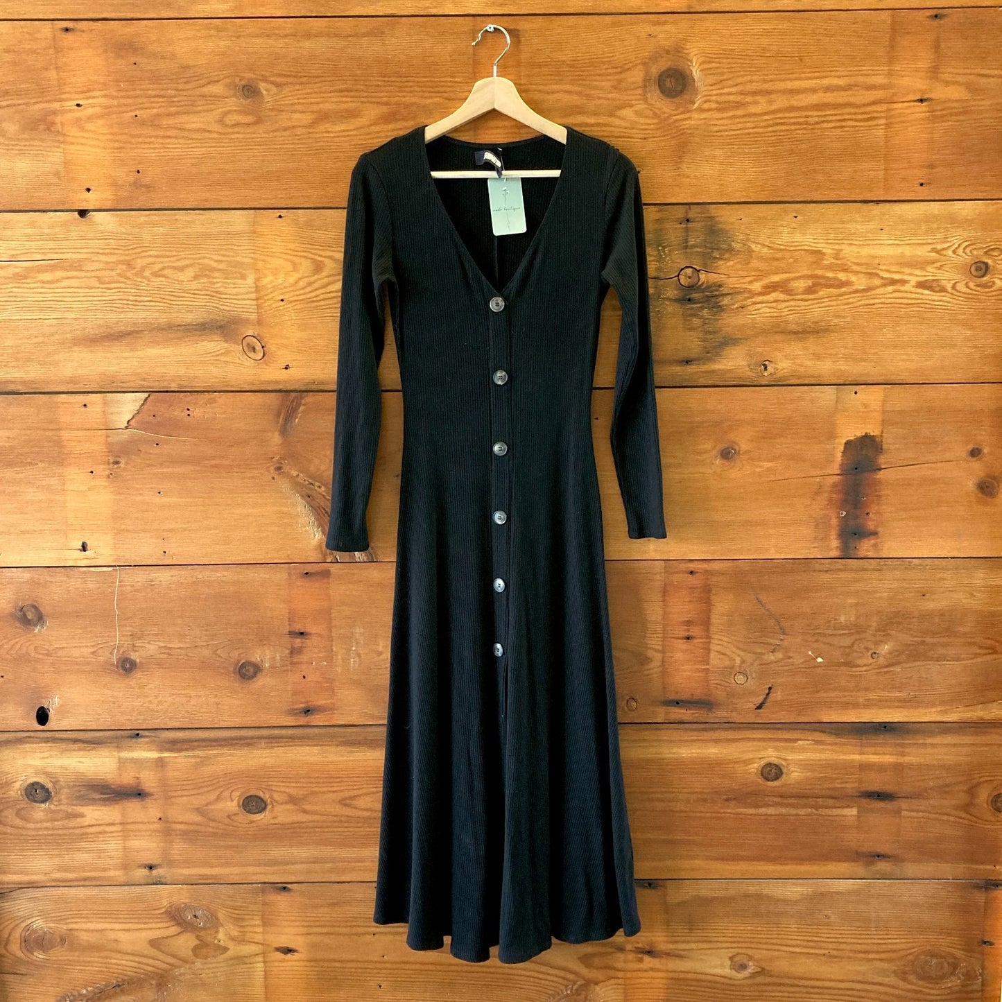 Reformation Black Ribbed Knit Long Sleeve Button Up Midi Dress - Size M - 0304HJ
