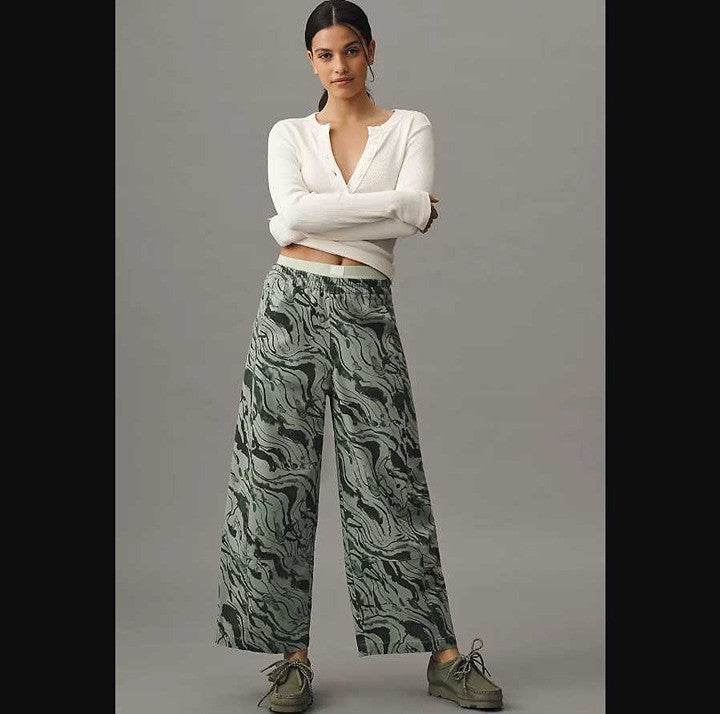 Pilcro Anthropologie NEW Green Printed Izzie Barrel Pants - Size XL - 1206HP