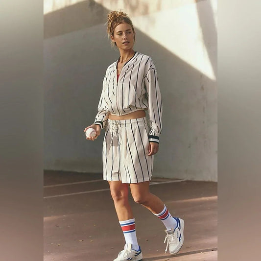 FP Movement Free People White Stripe Off Duty Top Shorts Set - Size XS - 0720LP