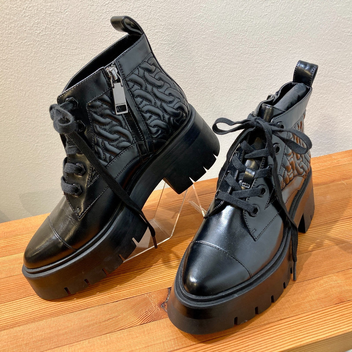 Rebecca Minkoff Black Quilted Leather Combat Platform Boots  - Size 8 - 0607IL