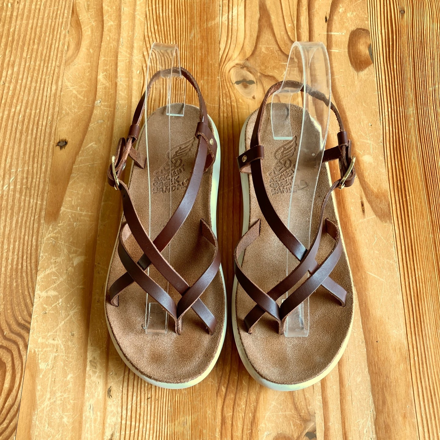 Ancient Greek Brown Leather w/ White Chunky Sole Sandals - Size 37 - 0504SL