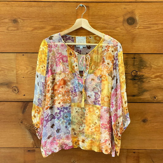 Johnny Was Sheer Multicolor Floral Peasant Blouse Top - Size M  - 0419KM