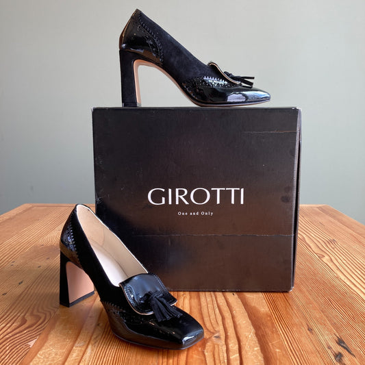 Girotti $449 Black Patent Leather Square Heels Oxfords - Sz 39/ 8.5 - NEW 0803BM