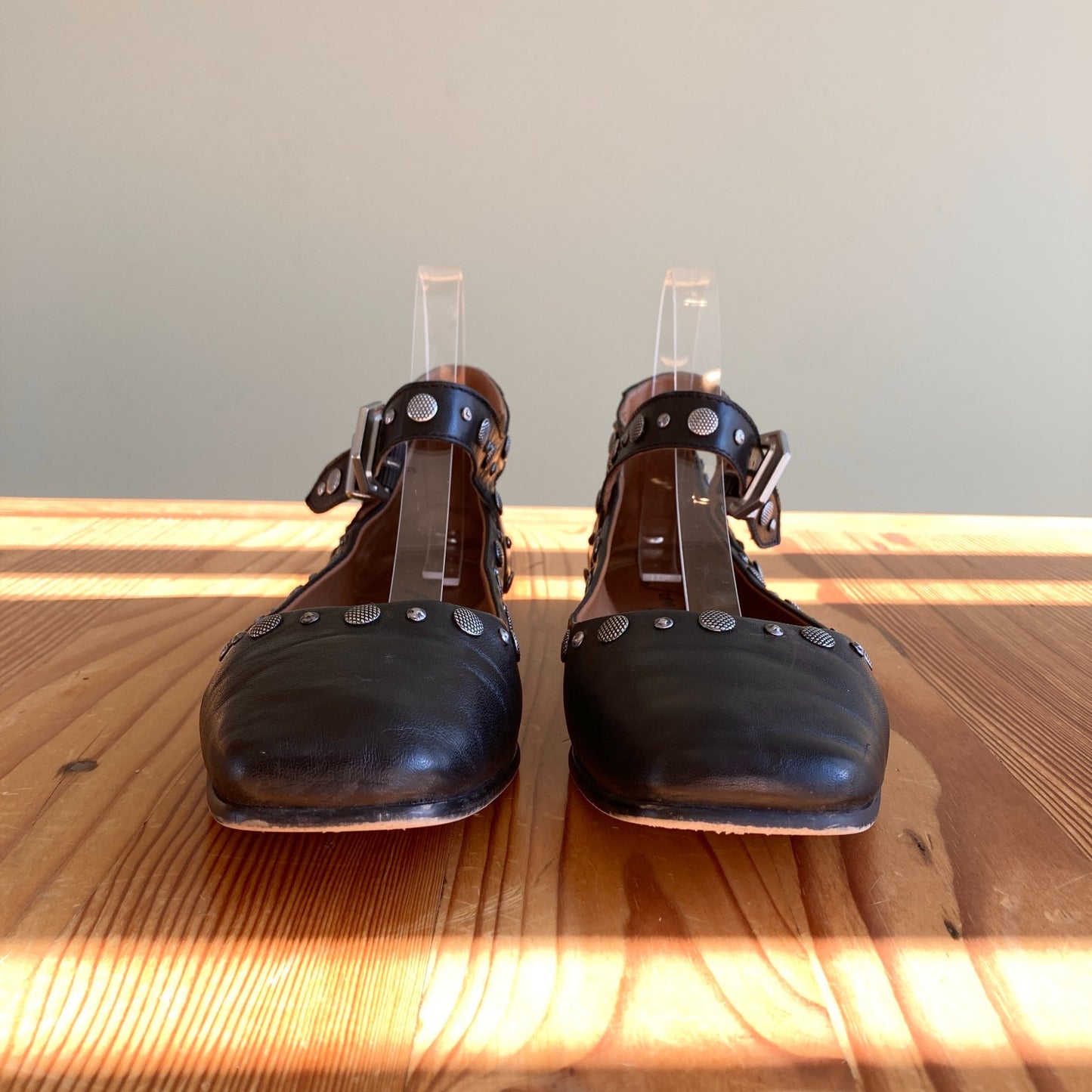 38.5 - Free People Black Leather Silver Studded Mystic Mary Jane Flats 0603AG