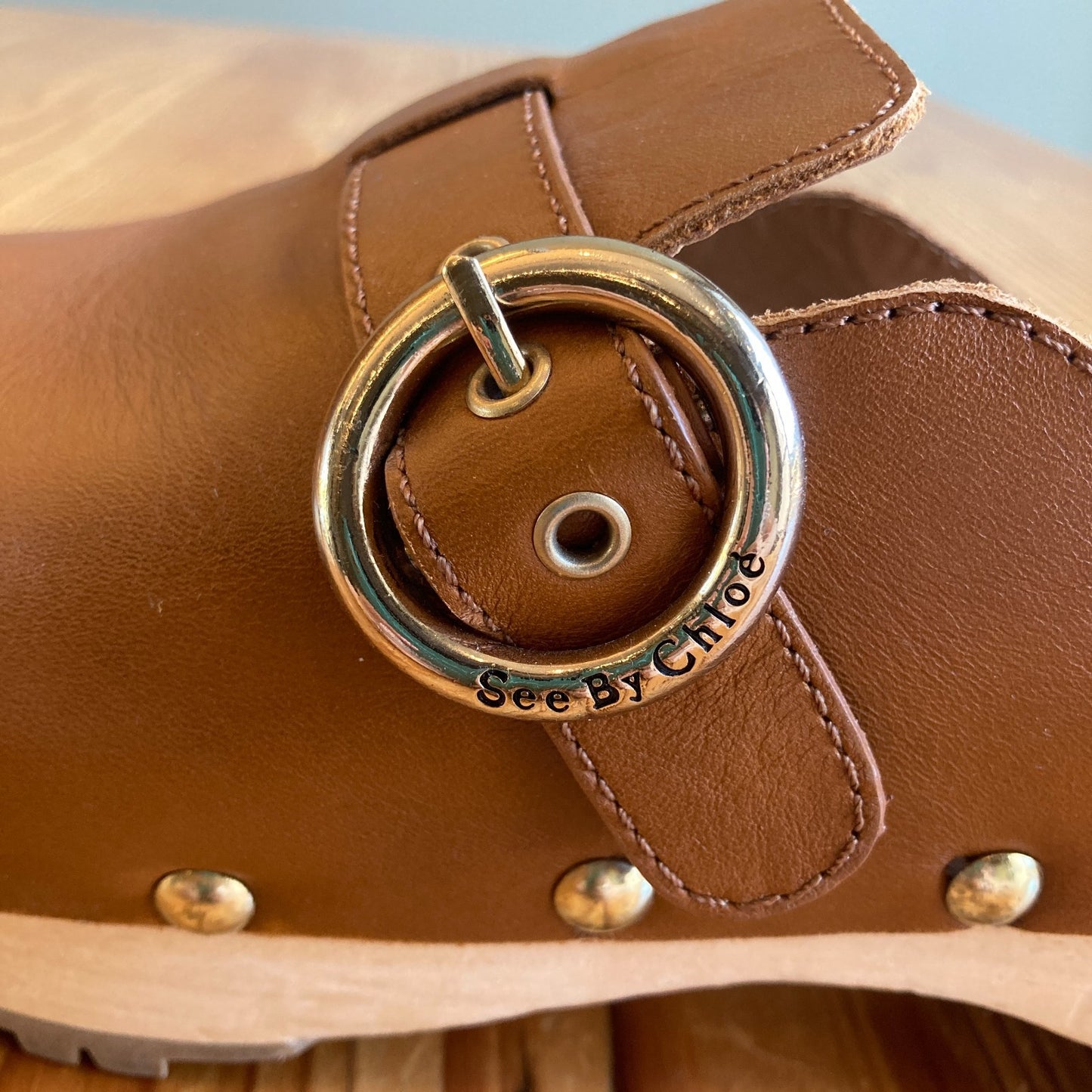 See by Chloe Cognac Brown Leather Studded Viviane Clogs - Size 40 / 9.5 - 0131AG