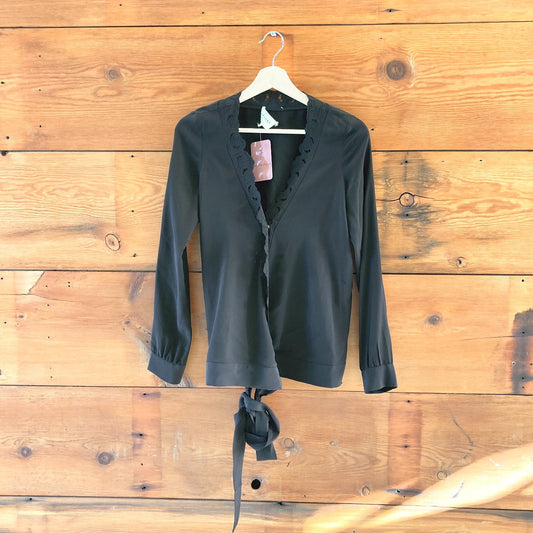36 / S - Sezane Black Silk Embroidered Trim 100% Silk Wrap Shirt Top 0518KR