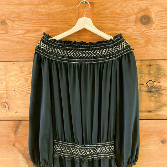 A.L.C. Black Embroidered Shirred Wide Neck Tiered Dress - Size 4 - 0517NL