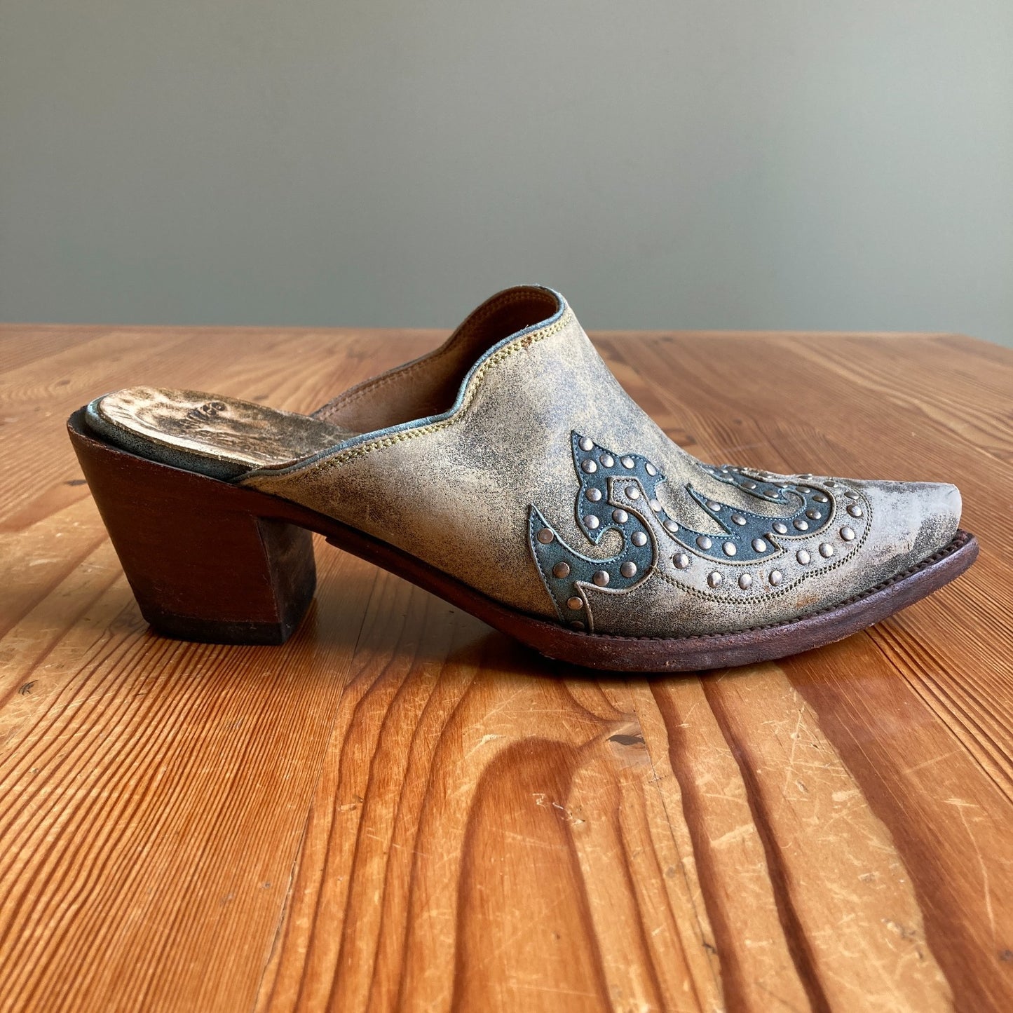 The Old Gringo Green Gray Studded Western Mules Shoes - Size 37 / 7 - 0527KM