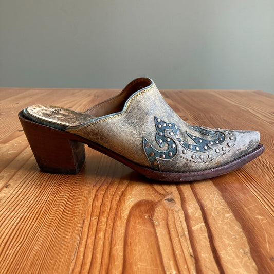 The Old Gringo Green Gray Studded Western Mules Shoes - Size 37 / 7 - 0527KM