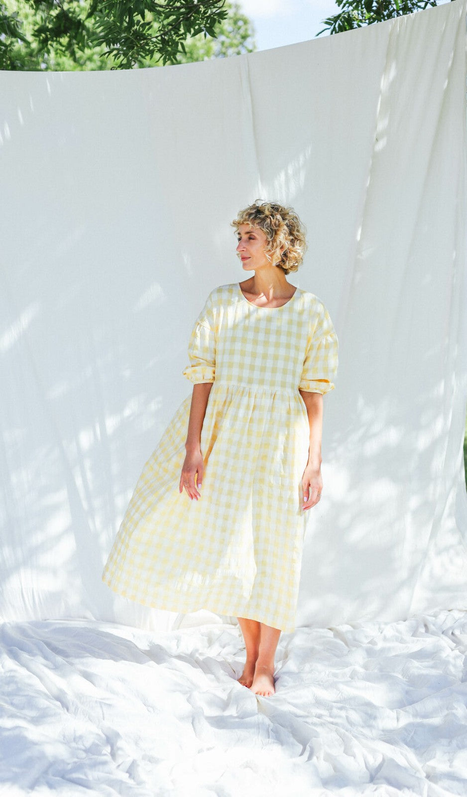 L - Offon Yellow Gingham Plaid Seersucker Checks Perla Midi Length Dress 0826MT