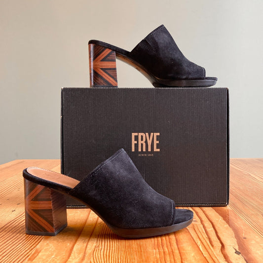 10 - Frye Black Suede Leather Unique Blake Sedona Mules Shoes w/ Box 1021KD