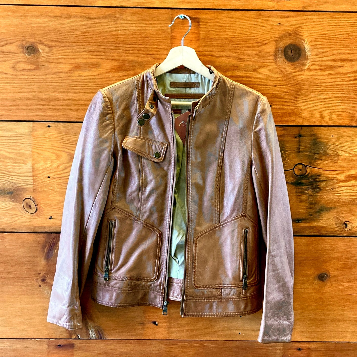 S - Andrew Marc Brown Leather Zip Up w/ Detachable Hoodie Hooded Jacket 0926RE