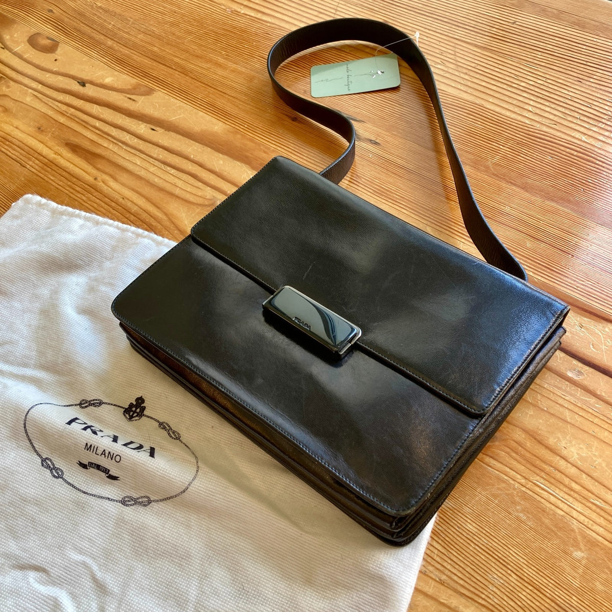 Prada Black Vintage 90s Vitello Leather Buckle Flap Shoulder Bag Purse - 0903KA