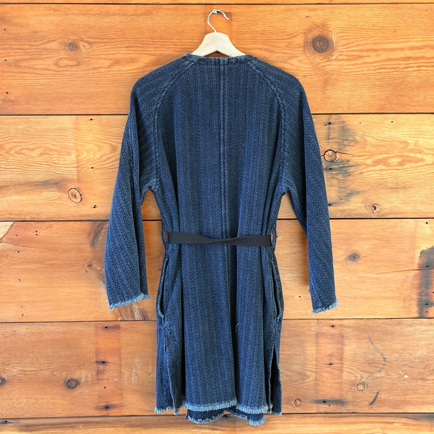 M - Isabel Marant Etoile Navy Herringbone Textured Tie Waist Long Jacket 0114RD